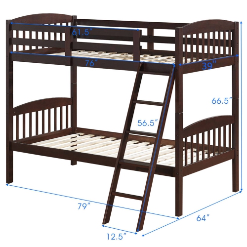 Costway Wood Solid Hardwood Twin Bunk Beds Detachable Kids Ladder Safety Rail