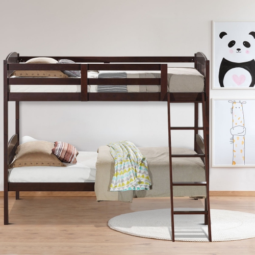 Costway Wood Solid Hardwood Twin Bunk Beds Detachable Kids Ladder Safety Rail