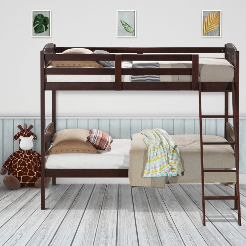 Costway Wood Solid Hardwood Twin Bunk Beds Detachable Kids Ladder Safety Rail