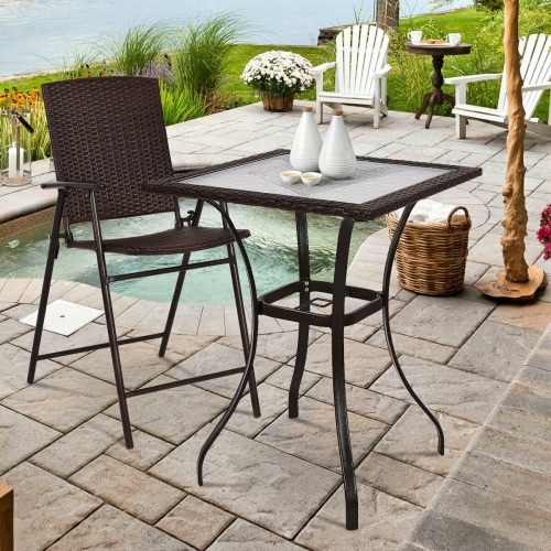 Costway Yard Outdoor Patio Garden Rattan Wicker Bar Square Table with Glass Top