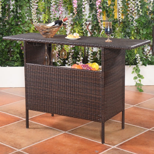 Costway Outdoor Patio Rattan Wicker Bar Counter Table with Storage Shelves Brown