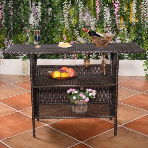 Costway Outdoor Patio Rattan Wicker Bar Counter Table with Storage Shelves Brown