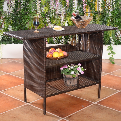 Costway Outdoor Patio Rattan Wicker Bar Counter Table with Storage Shelves Brown