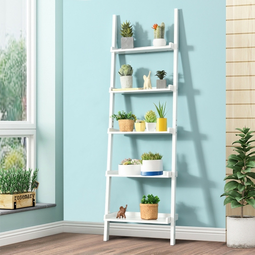 Costway Ladder Shelf 5-Tier Plant Stand Wall-leaning Bookcase Display Rack White