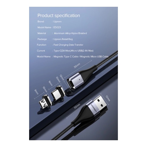 UGREEN Magnetic Cable 1M+Micro B Magnetic PlugGrey 1M