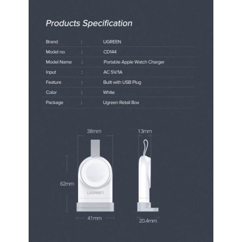 Chargeur pour Apple Watch d’UGREEN avec cordon d’entrée USB-A : c.a. 5 V, 1 a, blanc