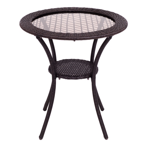 Costway Steel Frame Rattan Wicker Round Coffee Table Glass Top Patio W/ Lower Shelf