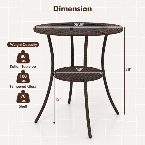 Costway Patio Steel Frame Rattan Wicker Round Coffee Table Glass Top with Lower Shelf