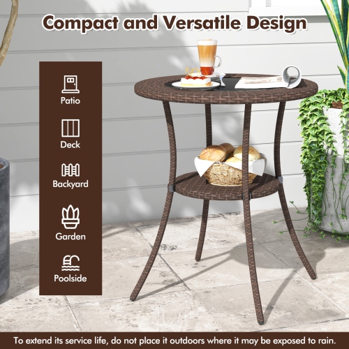 Costway Patio Steel Frame Rattan Wicker Round Coffee Table Glass Top with Lower Shelf
