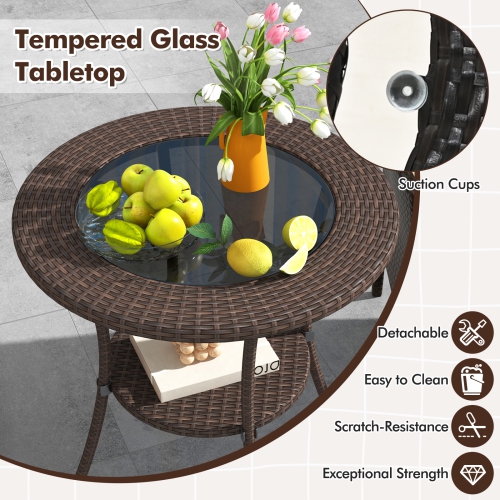 Costway Patio Steel Frame Rattan Wicker Round Coffee Table Glass Top with Lower Shelf