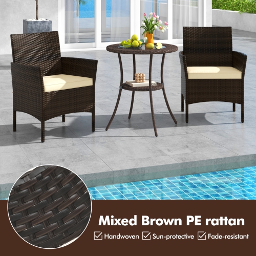 Costway Patio Steel Frame Rattan Wicker Round Coffee Table Glass Top with Lower Shelf