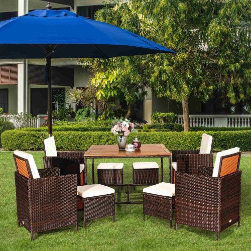 Costway 9PCS Patio Rattan Dining Set Cushioned Chairs Ottoman Wood Table Top White