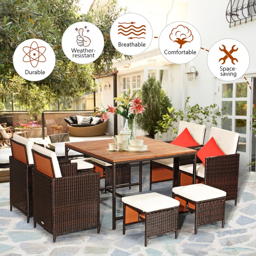 Costway 9PCS Patio Rattan Dining Set Cushioned Chairs Ottoman Wood Table Top White