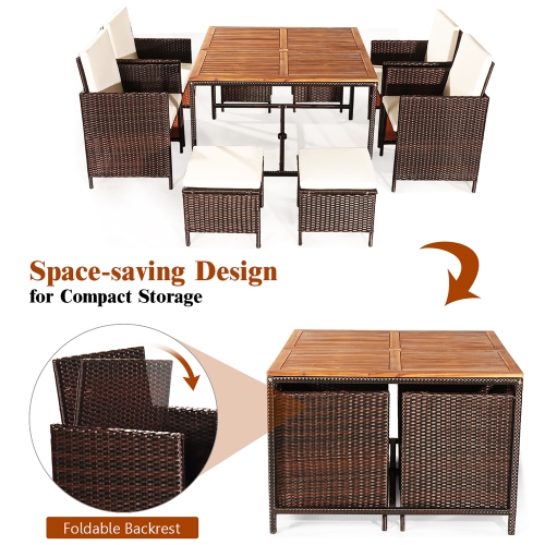 Costway 9PCS Patio Rattan Dining Set Cushioned Chairs Ottoman Wood Table Top White