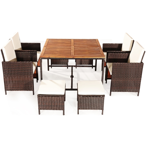 Costway 9PCS Patio Rattan Dining Set Cushioned Chairs Ottoman Wood Table Top White