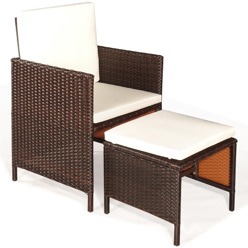 Costway 9PCS Patio Rattan Dining Set Cushioned Chairs Ottoman Wood Table Top White