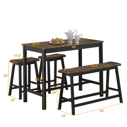 Costway 4 Pcs Solid Wood Counter Height Table Set w/ Height Bench & 2 Saddle Stools