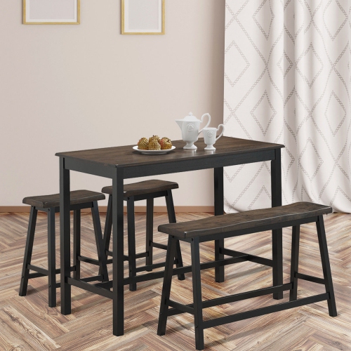 Costway 4 Pcs Solid Wood Counter Height Table Set w/ Height Bench & 2 Saddle Stools