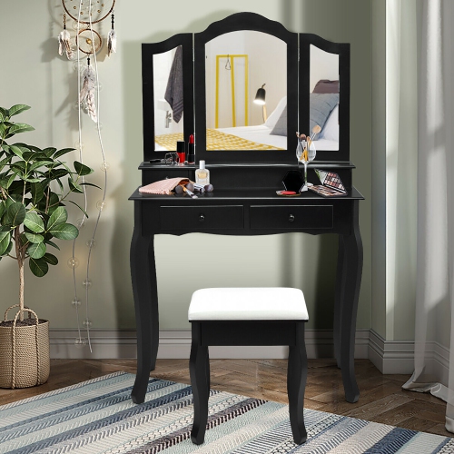 Costway Vanity Makeup Dressing Table Set W/ Stool 4 Drawer & Mirror Black