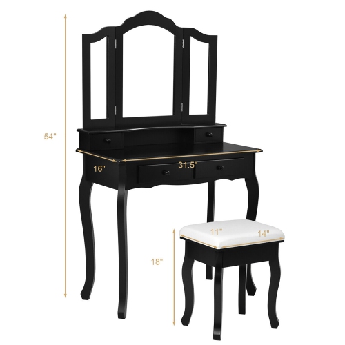 Costway Vanity Makeup Dressing Table Set W/ Stool 4 Drawer & Mirror Black
