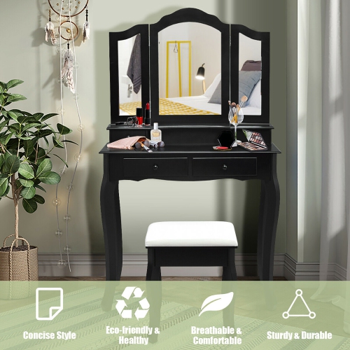 Costway Vanity Makeup Dressing Table Set W/ Stool 4 Drawer & Mirror Black