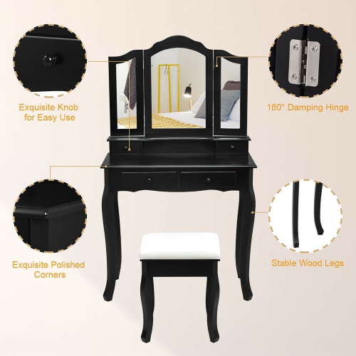 Costway Vanity Makeup Dressing Table Set W/ Stool 4 Drawer & Mirror Black
