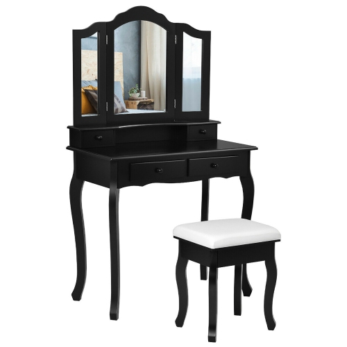 Costway Vanity Makeup Dressing Table Set W/ Stool 4 Drawer & Mirror Black