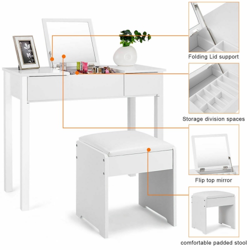 Costway White Vanity Dressing Table Set Mirrored bathroom Furniture W/ Stool &Storage Box