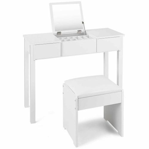 Costway White Vanity Dressing Table Set Mirrored bathroom Furniture W/ Stool &Storage Box