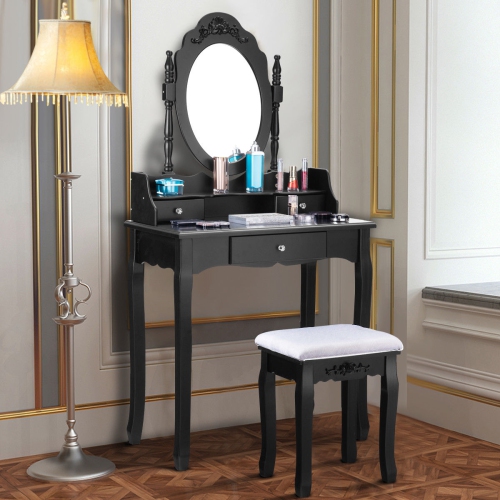 Vanity Makeup Dressing Table Stool Set, Black Vanity Table Set