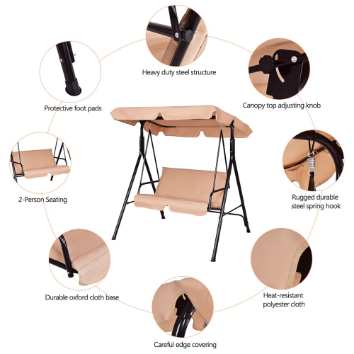 Causeuse de patio avec balancelle à auvent et hamac avec cadre en acier rembourré de Costway pour l’extérieur