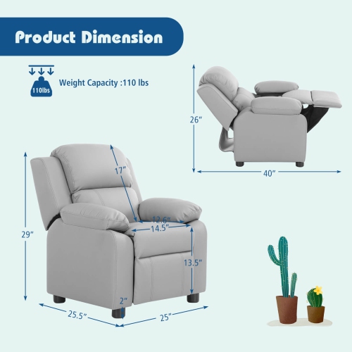 Costway Deluxe Padded Kids Sofa Armchair Recliner Headrest Children w/ Storage Arms Gray