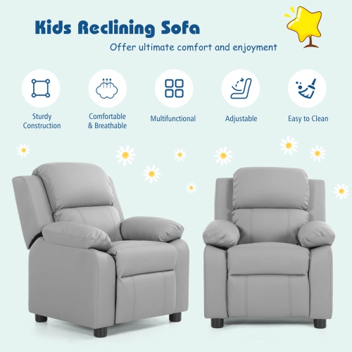 Costway Deluxe Padded Kids Sofa Armchair Recliner Headrest Children w/ Storage Arms Gray