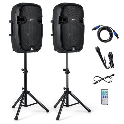 Lot de 2 haut-parleurs amplifiés portables 15" Costway, 2 voies, 2000 W, avec supports et télécommande