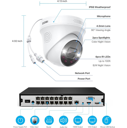 ZOSI 4K 8CH Wired PoE NVR Security Camera System with 4TB HDD, 10pcs 8MP POE Surveillance Camera Kit Outdoor Spotlight, 2-Way Audio, Color Night