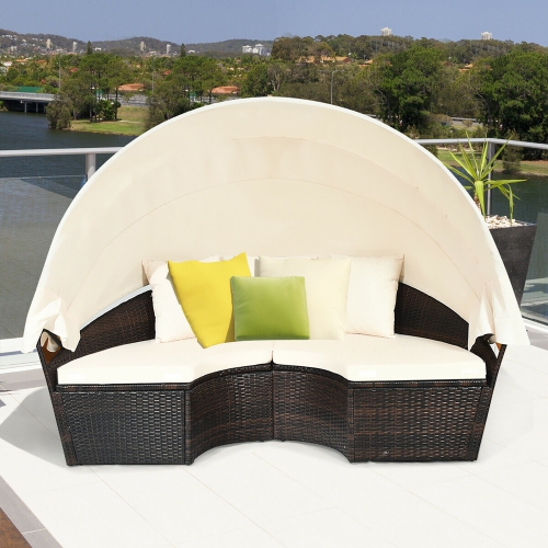 Costway Round Retractable Canopy Daybed Wicker Rattan Patio Sectional Sofa Furniture