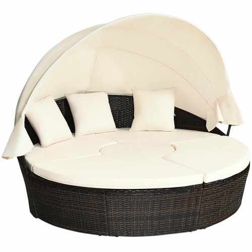 Costway Round Retractable Canopy Daybed Wicker Rattan Patio Sectional Sofa Furniture