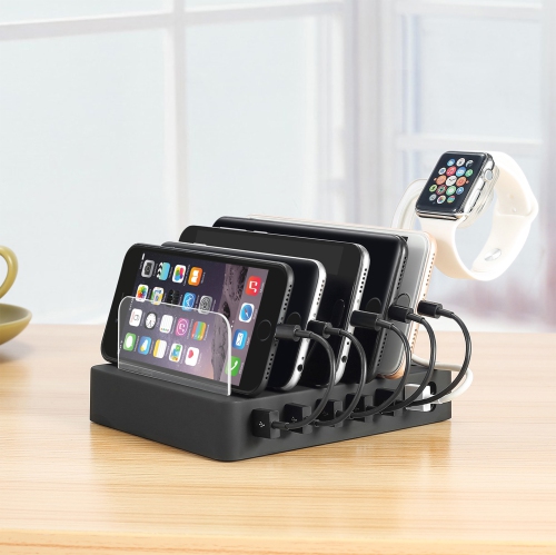 Charging Station for Multiple Devices 6 Ports+ 6 Mixed Cables, Multiport Fast Charging USB Docking Station, Detachable for iPhone iPad and Android and Tablets