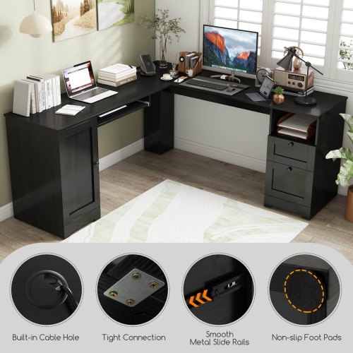 Costway L-Shaped Corner Computer Desk Writing Table Study Workstation w/ Drawers Storage