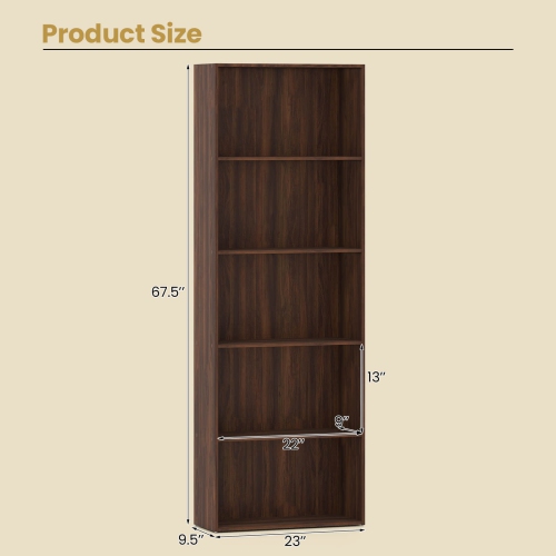 Costway 5-Shelf Storage Bookcase Stand Modern Multi-Functional Display Cabinet Walnut