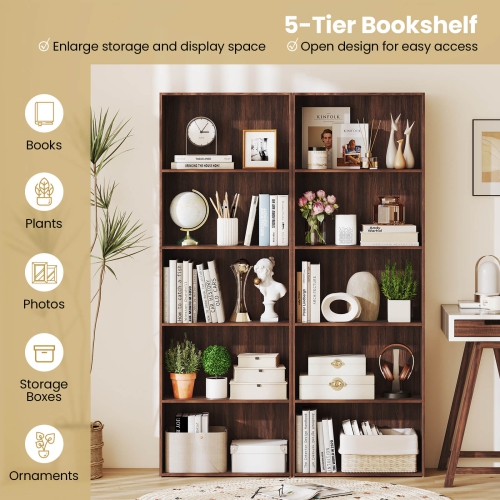 Costway 5-Shelf Storage Bookcase Stand Modern Multi-Functional Display Cabinet Walnut