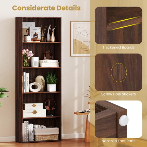 Costway 5-Shelf Storage Bookcase Stand Modern Multi-Functional Display Cabinet Walnut