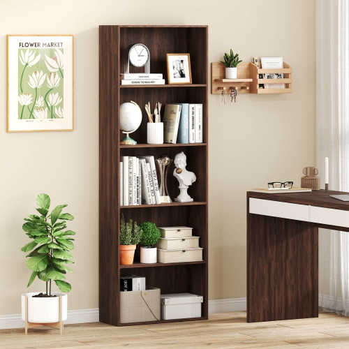 Costway 5-Shelf Storage Bookcase Stand Modern Multi-Functional Display Cabinet Walnut