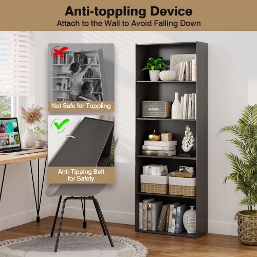 Costway 5-Shelf Storage Bookcase Modern Multi-Functional Display Cabinet Furniture Black