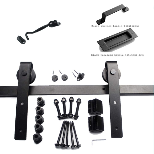 Stanz 6.6 FT Black Steel Slide Barn Door Hardware Track Rail Hanger Roller 200cm Handles Latch Included