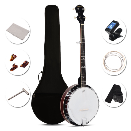 Costway 5 String Geared Tunable Banjo 24 Brackets Closed Back Remo Head w/ Case