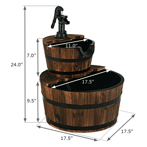 2 Tier Barrel Waterfall Fountain Barrel Wooden Water Fountain Pump Garde