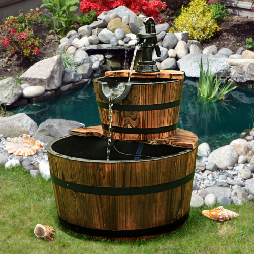 2 Tier Barrel Waterfall Fountain Barrel Wooden Water Fountain Pump Garde
