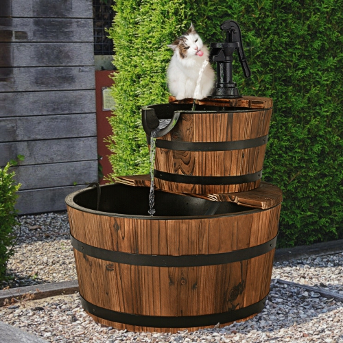 2 Tier Barrel Waterfall Fountain Barrel Wooden Water Fountain Pump Garde