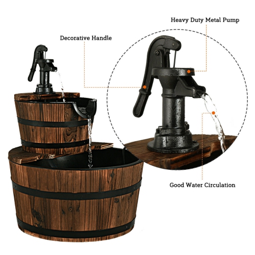 2 Tier Barrel Waterfall Fountain Barrel Wooden Water Fountain Pump Garde